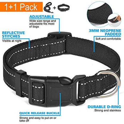 Ladoogo Reflective Dog Collar Padded with Soft Neoprene Breathable Adjustable Nylon Dog Collars for Small Medium Large Dogs (X-Small (Pack of 1), Black Collar+Leash) - color: Black Collar+Leash, size: X-Small (Pack of 1)