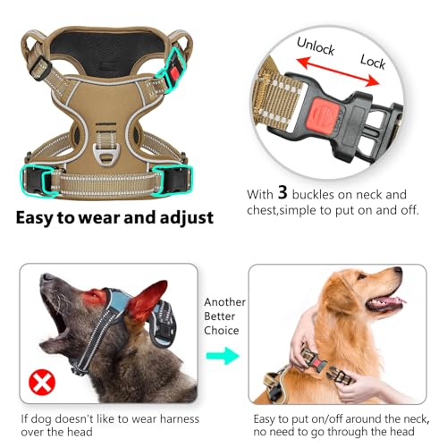 Timos Dog Harness Small Sized, No Pull Pet Harness with Neck Lockable Snap,No Choke Front Clip Dog Reflective Vest,Adjustable Metal Rings 3 Buckles,Easy Control Handle for Small Dogs Khaki S - color: Lock Khaki, size: Small (Pack of 1)