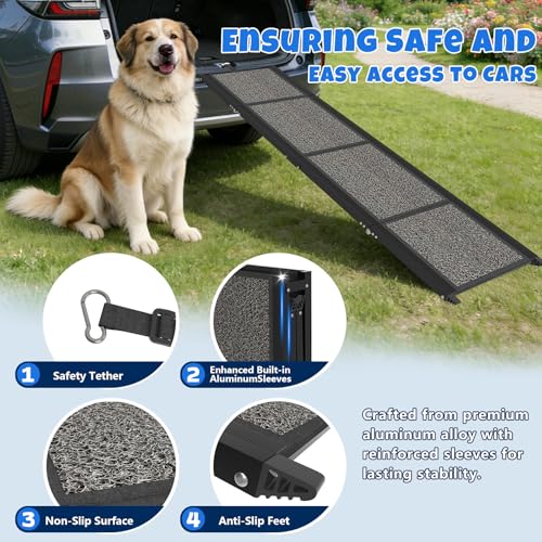 Dog Ramp for Car 71" L x 17" W, Foldable Pet Ramp for Large Dogs with Non-Slip Rug Surface, Portable Dog Car Ramp for SUV, Truck & Vehicle, Heavy-Duty Aluminum Pet Loading Ramp Supports 250 lbs - size: 71" L x 17" W
