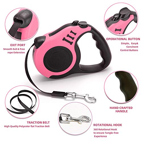 Retractable Dog Leash for Medium - Small Dogs and Cats - 16.5FT Tangle Free, Heavy Duty Walking Leash with Anti Slip Handle, Pause and Lock Strong Nylon Tape - color: Pink