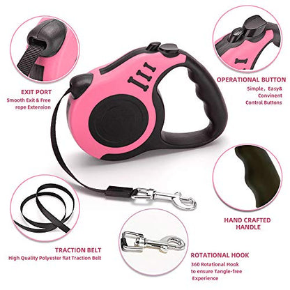 Retractable Dog Leash for Medium - Small Dogs and Cats - 16.5FT Tangle Free, Heavy Duty Walking Leash with Anti Slip Handle, Pause and Lock Strong Nylon Tape - color: Pink