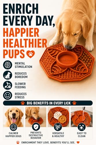 PetThrow Dog Slow Feeder Lick Mat Bundle – Octagon Silicone Feeder Bowl with Center Dish for Fresh & Wet Food, Suction Cups | Includes Spatula, Cleaning Brush & Recipe Card, Dishwasher Safe