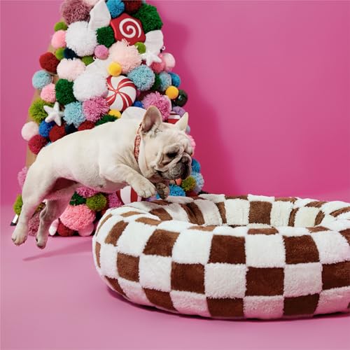 LE SURE Shown on TV Donut Medium Dog Bed - Round Catc Sofa Indoor Anti-Anxiety Calming Bed Gift for Pets, Washable Cute Modern Beds with Jacquard Shaggy Plush & Anti Slip Bottom, 30 Inch, Brwon - color: Brown Checks, size: 30.0"L x 30.0"W x 8.0"Th