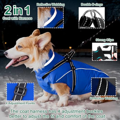 Fragralley Dog Coat with Harness Built in, Waterproof Windproof Reflective Warm Puffer Jacket, Fleece Lined Vest Winter Parka for Small, Medium, Large Dogs - color: Blue, size: X-Small