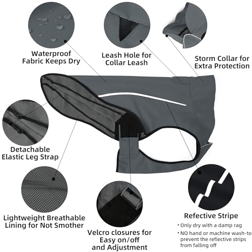 Mile High Life Dog Raincoat, Adjustable Waterproof Reflective Rain Jacket for Small Medium Large Dogs, Lightweight Breathable Pet Rain Coat with Leash Hole(Dark Gray,XS Chest 17-23") - color: Dark Gray, size: XS Chest 17"-23"
