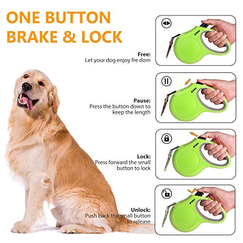 Fida Retractable Dog Leash for Medium Breed up to 44 lbs, 16 ft Pet Walking Leash with Dispenser and Poop Bags, Anti-Slip Handle, Reflective Strong Nylon Tape, One-Handed Brake (M, Green) - color: Green, size: Medium, 16ft