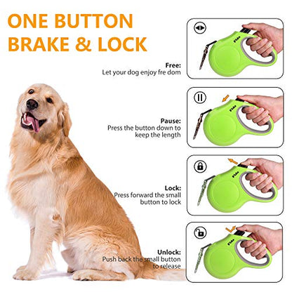 Fida Retractable Dog Leash for Medium Breed up to 44 lbs, 16 ft Pet Walking Leash with Dispenser and Poop Bags, Anti-Slip Handle, Reflective Strong Nylon Tape, One-Handed Brake (M, Green) - color: Green, size: Medium, 16ft