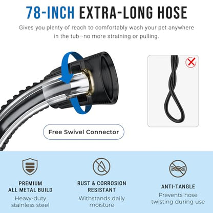 G-Promise Dog Shower Sprayer Attachment for Fast and Clean Pet Showering, Multifunctional Shower, Metal Diverter, 78 Inch Extra Long Hose, No Drill Hook, Dog Washing-Bathroom (Matte Black) - color: Matte Black, size: 78 Inch Hose