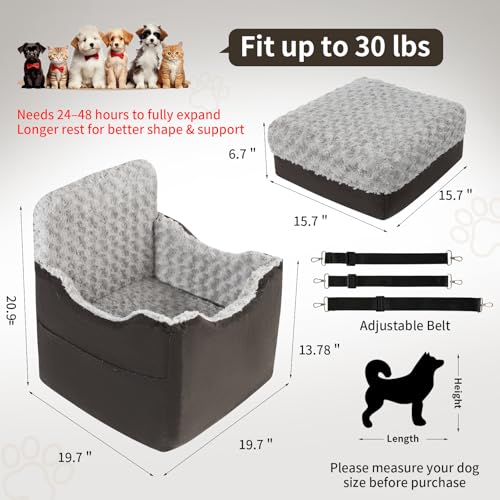 Dog Car Seat for Small Medium Dogs - 6.7inch Elevated Dog Booster Car Seats wih Soft Rose Velvet, Washable Travel Pet Carseat with 2 Safety Leashes and Storage Pockets(Grey/Black Coffee) - color: Black Coffee/Grey