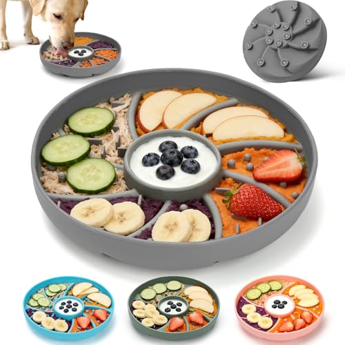 Slow Feeder Dog Bowl Silicone Suction Cup Anti Spill Dogs Cats Grey | strong suction base prevents sliding, extends mealtime, reduces anxiety, textured surface, dishwasher safe - color: Grey