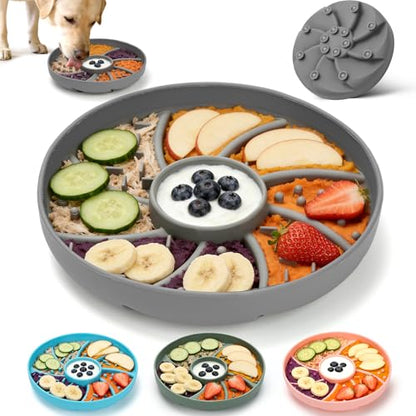 Slow Feeder Dog Bowl Silicone Suction Cup Anti Spill Dogs Cats Grey | strong suction base prevents sliding, extends mealtime, reduces anxiety, textured surface, dishwasher safe - color: Grey