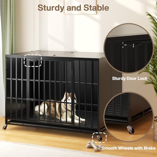 LEMBERI 48/42 inch Heavy Duty Indestructible Dog Crate, High Anxiety Extra Large Dog Cage for Large Dogs, XL Steel Escape Proof Dog Kennel with Wheels and Removable Tray (Black, 47.2*30.7*34.6 inch) - color: Black, size: 47.2"L x 30.7"W x 34.6"H
