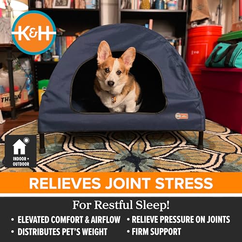 K&H Pet Products Pet Cot House for Medium Dogs, Outdoor Elevated Dog Cot House, Enclosed Canopy, Window Flaps for Air Flow, Washable Cover, Raised Metal Frame, Collapsible - Medium 32 X 25in Blue - size: Medium 25 X 32 X 28 Inches