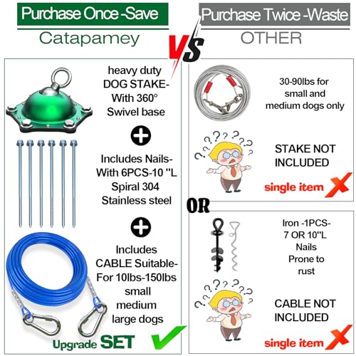 Catapamey Dog Tie Out Cable and Stake,360°Swivel Dog Run Anchors-with 15FT Heavy Duty tie Out Cable- No Tangle,Dog Runner for Yard- Up to 200 lbs,for Outdoor Camping Gift - size: dog stake+15ft cable/200lbs