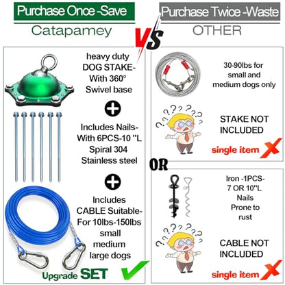 Catapamey Dog Tie Out Cable and Stake,360°Swivel Dog Run Anchors-with 15FT Heavy Duty tie Out Cable- No Tangle,Dog Runner for Yard- Up to 200 lbs,for Outdoor Camping Gift - size: dog stake+15ft cable/200lbs
