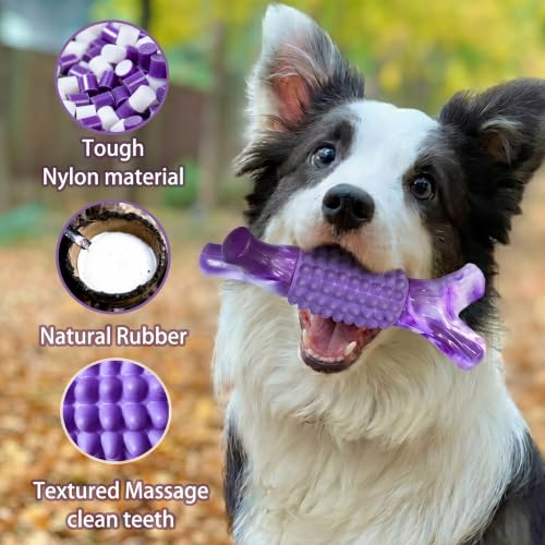 Dog Chew Toys for Aggressive Chewers, Rubber Branch Bone & Durable Nylon Dog Bones with Beef Flavor, Indestructible Dog Toys for Medium Large Dogs - color: 01-Purple