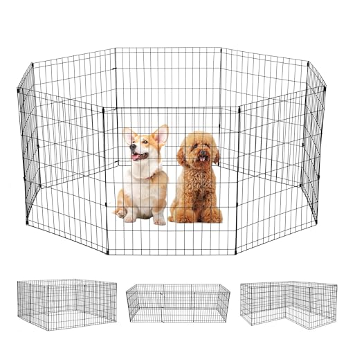 FDW 30 Inch Dog Pen 8 Panel Dog Playpen Indoor Outdoor Metal Puppy Pet Fence Portable Folding Animal Exercise Fence,Black