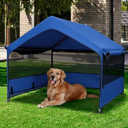Summertrail Extra Large Dog House Outside, Dog Tent Outdoor, Big Dog Shade Shelter Doghouse Canopy with Three-Sided Breathable Mesh Windows, Gray Sun Rain Cover for Pet Cat 4'x 4'x 3.3'(Dark Blue) - color: Dark Blue Dog Tent With Mesh Windows