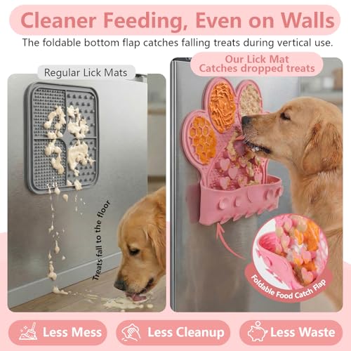 Dog Lick Mat with Suction Cups, Slow Feeder & Enrichment Mat for Dogs & Cats, Silicone Feeding Mat for Wet & Dry Food, Anxiety Relief, Mess-Free Foldable Pocket Design, Pink - color: Pink