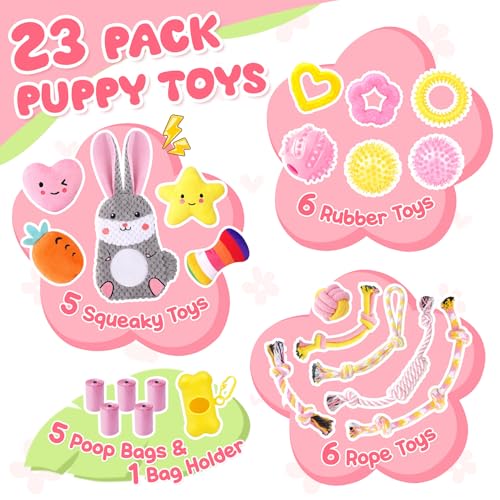 Zeaxuie 23 Pack Pink Puppy Toys for Teething, Small Dog Toys with Cute Puppy Chew Toys, Squeaky Dog Toys, Treat Ball and Interactive Rope Toys - color: 23 Pack (Cute-Bunny)