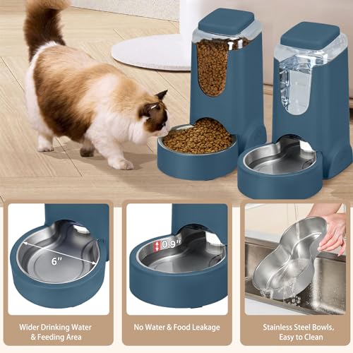 2 Pack Automatic Cat Feeder and Dog Food Feeder, Gravity Stainless Steel Water Dispenser and Waterer Set for Small Medium Puppy Kitten Pets (1 Gallon x 2, Navy Blue) - color: 1 Gallon x 2 - Navy