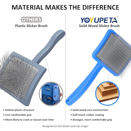 Large Slicker Brush, 2Pc Doodle Grooming Kit with Comb,Blue | With two leather protective covers; ideal for Poodles, Labradoodles; extra long pin; premium wooden handle; removes mats. - color: Blue