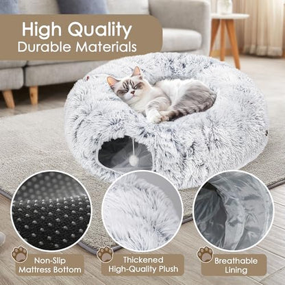 Cat Tunnel Bed for Indoor Cats, Peekaboo Cat Cave with Washable Soft Play Mat, Furry Cat Tube, for Kitten/Puppy/Rabbit, Grey - color: Grey