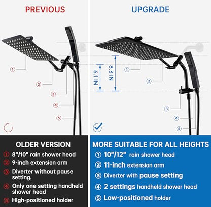 G-Promise All Metal 12 Inch Rain Shower Head with Power Wash Mode Handheld Spray Combo, Pause Setting 3-way Diverter, Full Body Coverage Waterfall Showerhead, Luxury Bathroom Upgrade (Matte Black) - color: Matte Black, size: 12 Inches