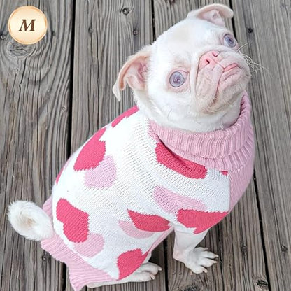 KYEESE Valentines Dog Sweater, Comfy Dogs Coat with Leash Hole, Turtleneck Small Dog Sweater, Stretchy Pullover Pet Sweaters for Small Dogs, Warm Pet Clothes with Heart Print, M - color: 1#Valentine, size: Medium (7-11lbs)