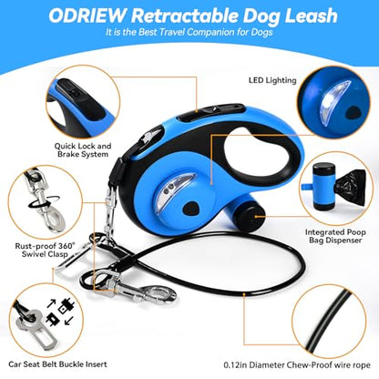 Heavy Duty Retractable Dog Leash for Large Dogs, 26ft Dog Leash with Poop Bag Holder, Up to 110lbs, chew Proof Cable, LED Light, 360° No-Tangle, One-Handed Pause & Locked (Blue, L 26ft) - color: Blue
