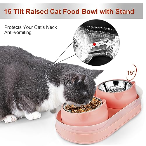 Elevated Cat Food Bowls, Raised Cat Bowl with Stand Stainless Steel, Tilted Bowls Anti Vomiting, Double Cats Food and Water Bowl Set for Cats (Pink) - color: Pink
