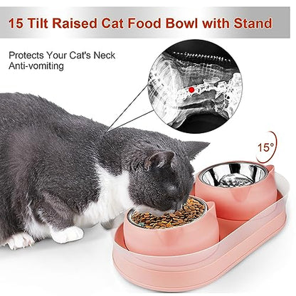 Elevated Cat Food Bowls, Raised Cat Bowl with Stand Stainless Steel, Tilted Bowls Anti Vomiting, Double Cats Food and Water Bowl Set for Cats (Pink) - color: Pink