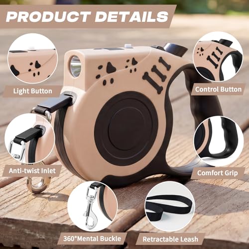 Retractable Dog Leash with USB Rechargeable Flashlight for Night Walks, 16FT Automatic Telescopic Tractor Dog Leash for Small and Medium Dogs, Beige - color: apricot