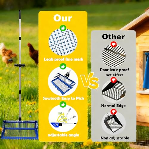 Chicken Poop Scooper & Rake 2-in-1, 15" Extra Large Stainless Steel Litter Scoop, 21"-76" Adjustable Handle, Chicken Coop Cleaner for Sand, Pet Waste & Litter Sifting - color: blue