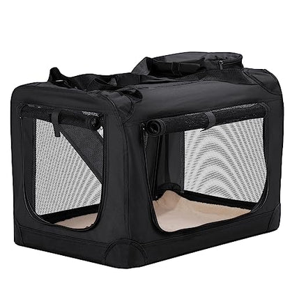 HICC PULE Collapsible Portable Kennel, 28 Inch Soft-Sided Pet Crate for Medium/Small Dogs, 3-Door Ideal for Travel, Indoor & Outdoor, Car Trips, Black