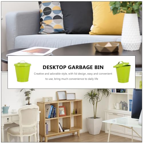 VOSAREA Desk Trash Can with Lid, Iron Metal Wastebasket Small Garbage Bin and Retro Flower Pot for Bathroom Bedroom (4.32 Inch Green) - color: Green