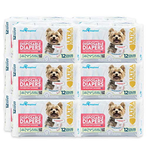 Paw Inspired Disposable Dog Diapers | Female Dog Diapers Ultra Protection | Diapers for Dogs in Heat, Excitable Urination, or Incontinence (12&144 Count) (X-Small (144 Count)) - size: X-Small (144 Count)