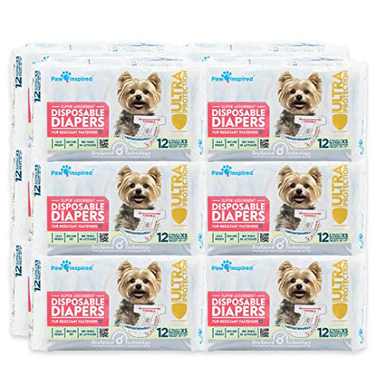 Paw Inspired Disposable Dog Diapers | Female Dog Diapers Ultra Protection | Diapers for Dogs in Heat, Excitable Urination, or Incontinence (12&144 Count) (X-Small (144 Count)) - size: X-Small (144 Count)