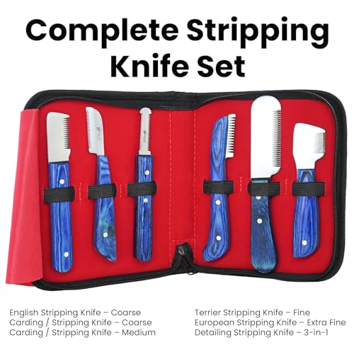 Dog Grooming Stripping Knife Set – 6-Piece Stainless Steel Hand Stripping Tools with Wooden Handles – Coarse, Medium, Fine & Extra-Fine Knives for Dogs, Cats & Wire-Coated Pets (Blue) - color: Blue