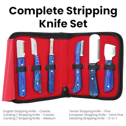 Dog Grooming Stripping Knife Set – 6-Piece Stainless Steel Hand Stripping Tools with Wooden Handles – Coarse, Medium, Fine & Extra-Fine Knives for Dogs, Cats & Wire-Coated Pets (Blue) - color: Blue