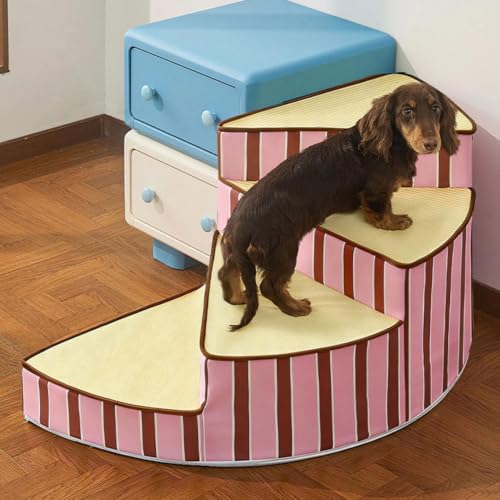 Curved Dog Stairs for Small Dogs & Cats – Pet Steps with Non-Slip Textured Surface, Removable Washable Cover & High-Density Foam(Pink,4-Step) - color: Pink, size: 4-Step