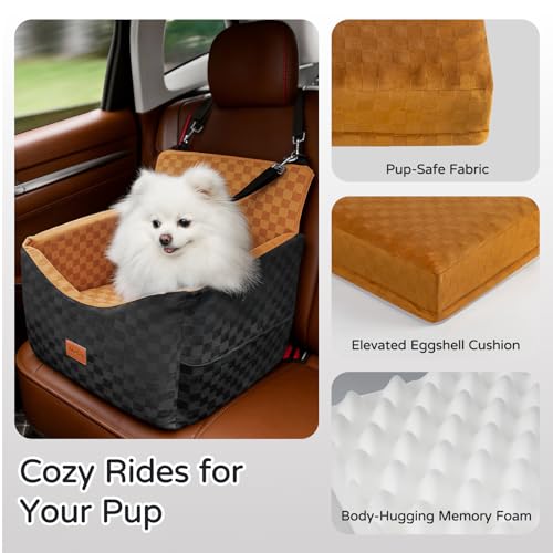 Dog Car Seats for Small Medium Dogs Up to 35lbs | Elevated Dog Booster Seat with Detachable Washable Cover & Cushion | Memory Foam Pet Car Travel Seat with Safety Belt and Storage Pockets - color: Brown