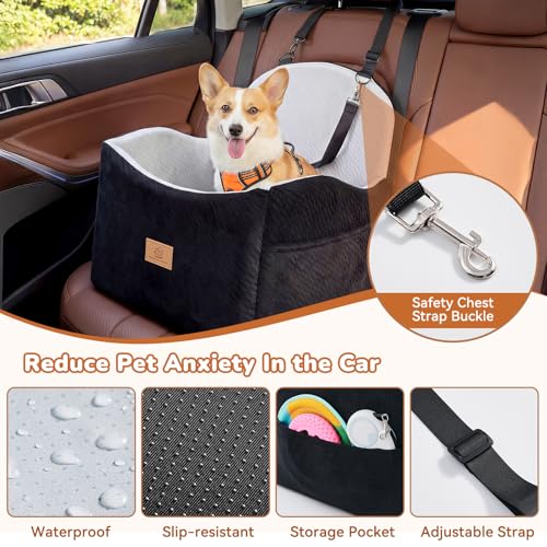 Dog Car Seat for Medium/Small Dogs, Dog Booster Car Seat, Pet Booster Seats Up to 40lbs with Waterproof Layer, 3 Storage Pockets and Safety Belt (Black/Grey) - color: Black/Grey