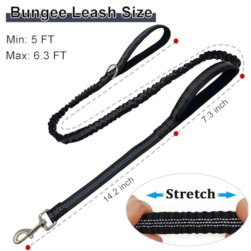 5FT Bungee Dog Leash with 2 Handles, Reflective Nylon Traffic Leash | Shock Absorbing Lead Strong for Large Medium Dogs Anti-Pull Training Walking Controlling Comfortable Padded Handle, Black - color: Black