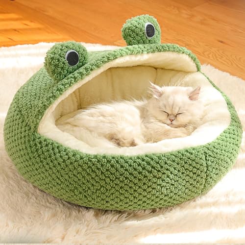 Cute Frog Hooded Cat Bed, Covered Round Fluffy Frogs Cave Green, Plush Half-Enclosed Warm House for Cats Small Dogs Kitten Puppy Sleeping Green,Sleeping Bag Pet Tent for Cats and Small Dogs. - color: Halfshed, size: Small