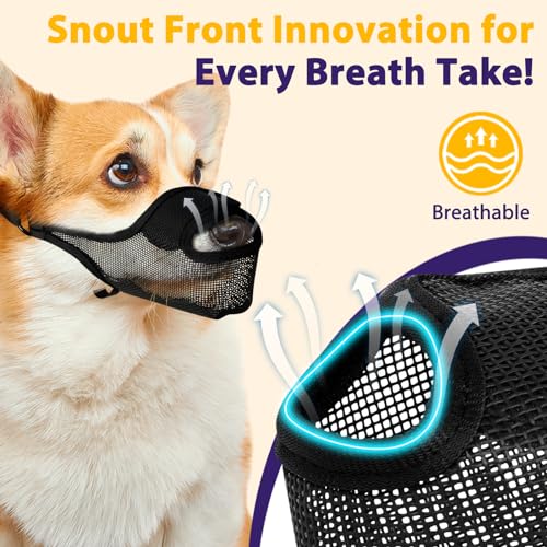 LUCKYPAW Dog Muzzle, Patented Mesh Muzzle for Large Medium Small Dogs Allows Full Pant Drinking Mouth Cover to Prevent Biting Chewing Scavenging Adjustable Breathable Mouth Guard(Black,M) - size: M-Snout:8.75-9.5"