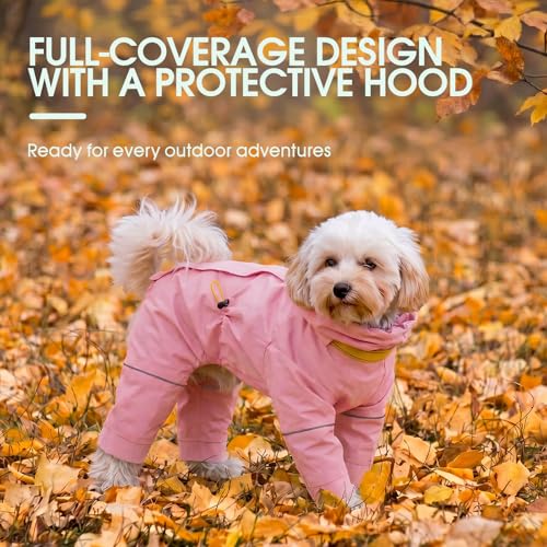 Kouser Waterproof Full-Body Coverage Dog Raincoat, Pink L | Dog Raincoat with Reflective Stripes, Adjustable Dog Rain Jacket with Leash D-Ring, Hooded Poncho for Small Medium Large Dogs - color: Pink, size: Large(Back Length:16.93")
