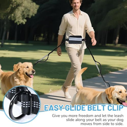 Hands Free Double Dog Leash No Tangle, Waist Leash for Dog Walking, Retractable Dog Leashes for Medium and Large Breeds-Pouch & Lumbar Support, Adjustable Waist Belt, Retractable Bungee,Padded Handles