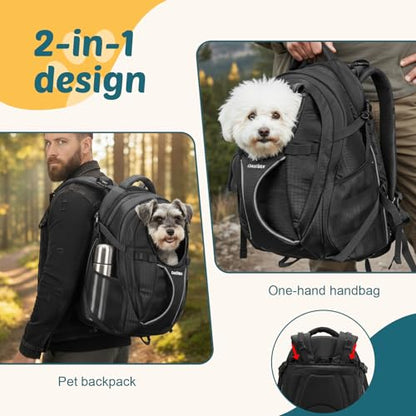 Dog Backpack Carrier for Hiking, Pet Travel Bag up to 18 lbs, 2-in-1 Foldable Cat Backpack with Laptop Compartment, Reinforced Ventilated 600D Nylon Rucksack for Walking Camping Commuting - color: Black