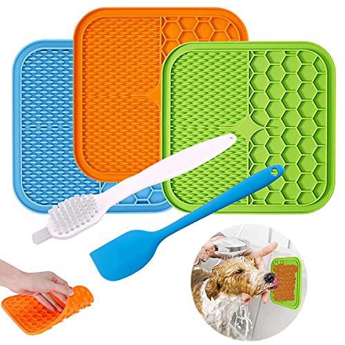 Dog Licking Mat, 3 Pcs Large Licking Mat for Dogs with Suction for Anxiety, Peanut Butter Dog Licking Mat Slow Feeder Dispensing Treater Lick Pad for Dogs Cats Grooming Bathing and Training - color: Blue&Green&Orange